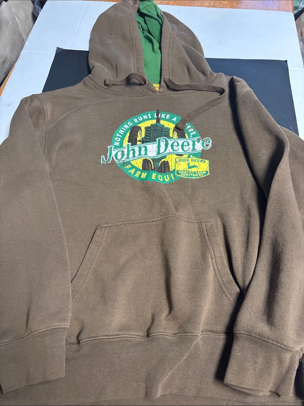 John Deere Brown Hoodie with Green Logo and Lined Hood